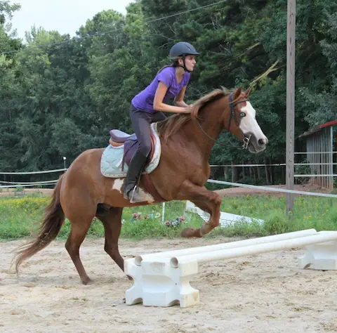 Patient riding a horse with orthotic support